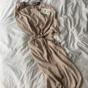 Beige Draped Dress with Gold Accent